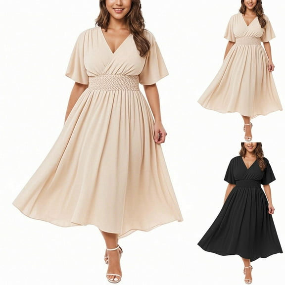 SMihono Womens Plus Size Chiffon Dresses Cinch High Waist Maxi Dress Summer Casual Wrap V Neck Short Sleeve Flowy Dress Black XXXL
