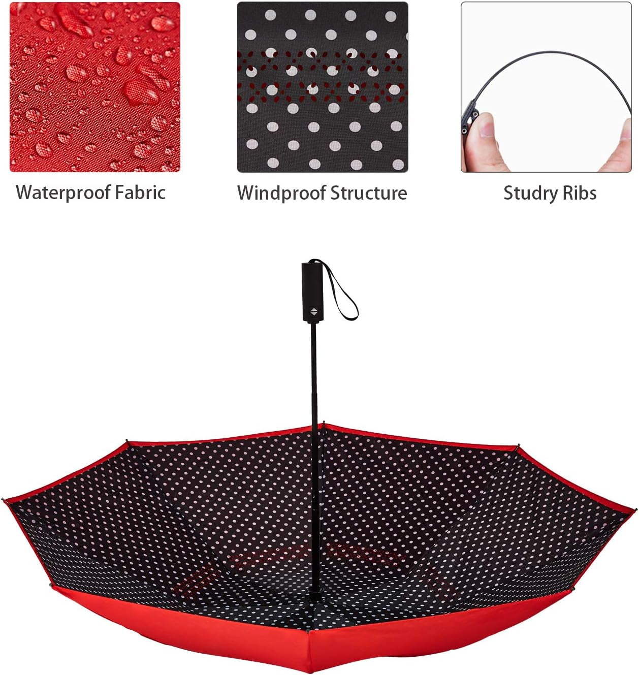Kabum Inverted Umbrella Double Layer Automatic Folding Reserve Umbrella Windproof UV Protection for Rain Car Travel Outdoor Men Women, Red Dot