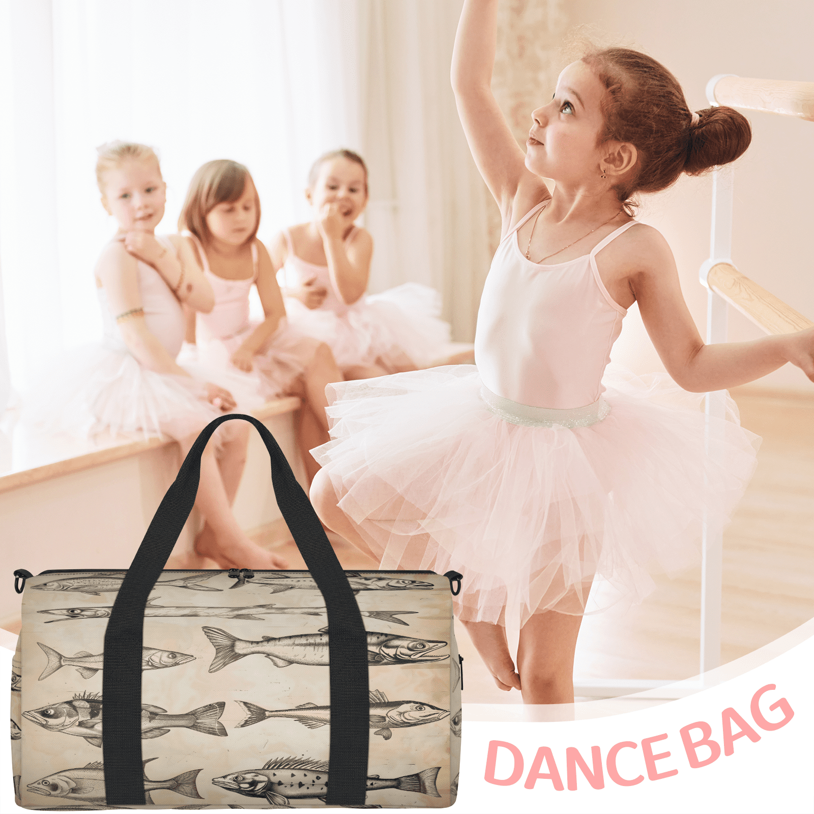 Herdesigns Vintage Fish Gym Bag for Women, Duffle Bag for Travel Sport, Lightweight Waterproof Carry on Weekender Overnight Dance Yoga Workout Bags