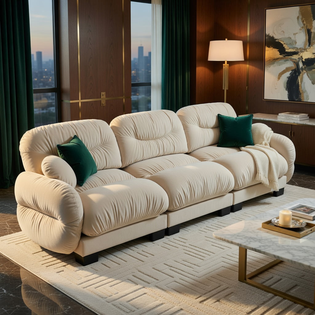 Hommoo Chenille 3-Seater Modular Sofa with Pleated Back Design, Ergonomic High-Density Foam Cushions & Curved Armrests, Includes 2 Round Throw Pillows, Beige