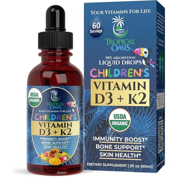 Tropical Oasis Organic Vitamin D3   K2 Drops for Kids, Liquid Vitamin Supplement, Tropical Fruit, 2 fl oz, 60 Servings