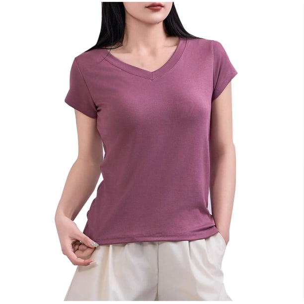 Mujeres Manga Corta Tops Casual, Color Sólido Cuello en V, Camiseta Casa Blusas para Mujeres