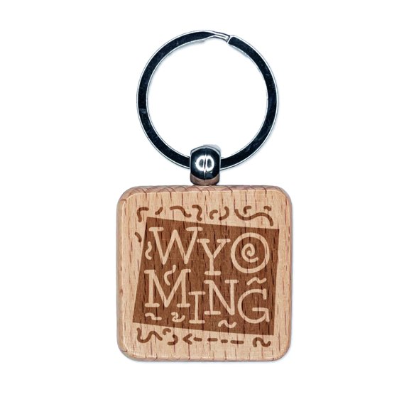Wyoming State with Text Swirls Square Keychain Charm Tag - Engraved Wood