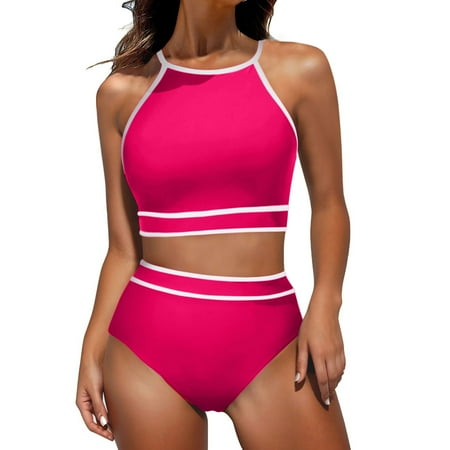 BUIgtTklOP Omen s High Waisted Bikini Sets Sporty Two Piece Swimsuits Color Block Cheeky High Cut Bathing Suits