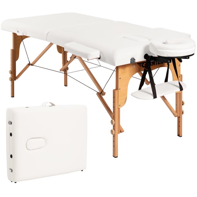 Patiojoy Portable Massage Table Adjustable Spa Bed Wooden Legs with Face Cradle & Carry Case White
