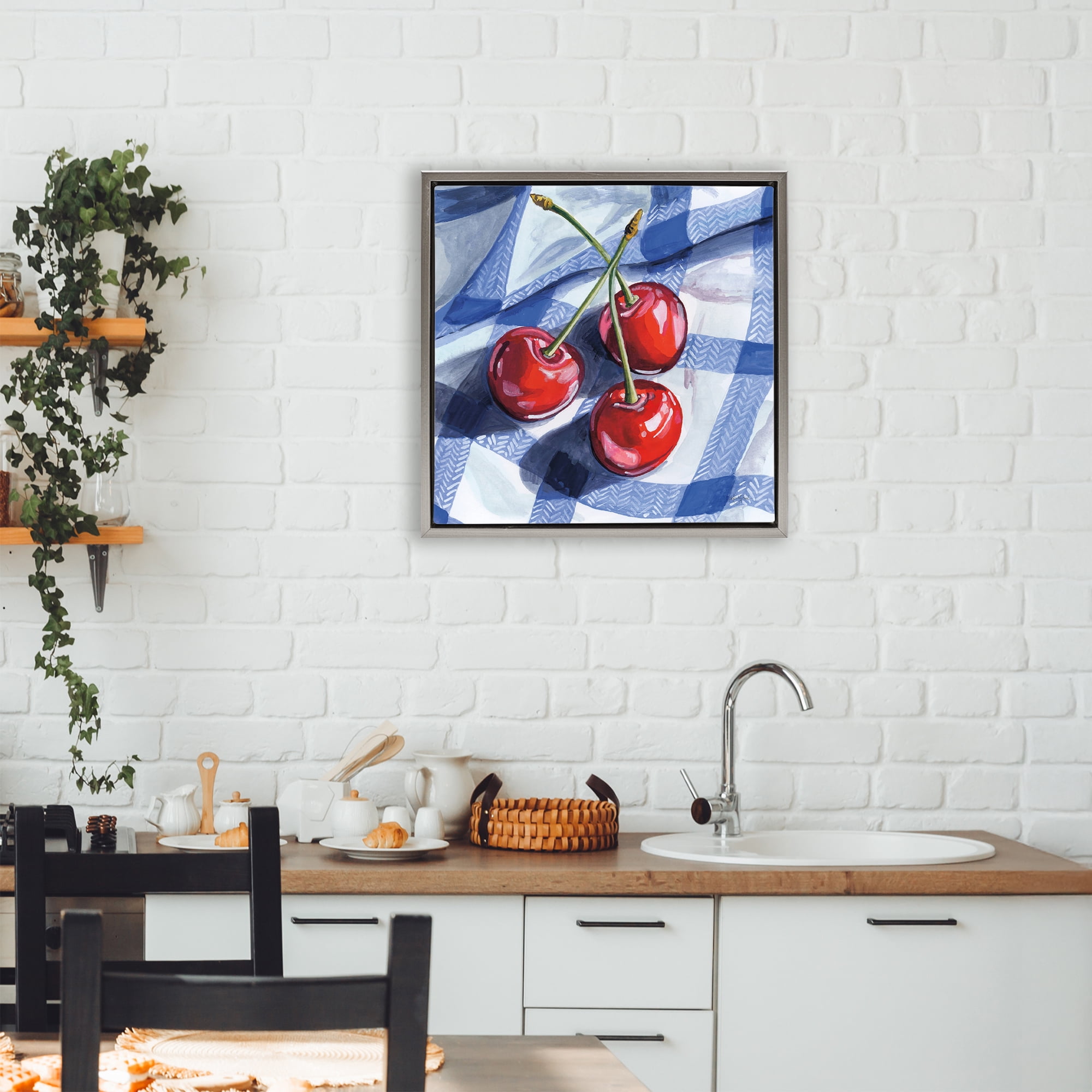 Stupell Industries Three Picnic Cherries on Gingham Gray Framed Floater Canvas Wall Art, design by Kate Jarvik Birch
