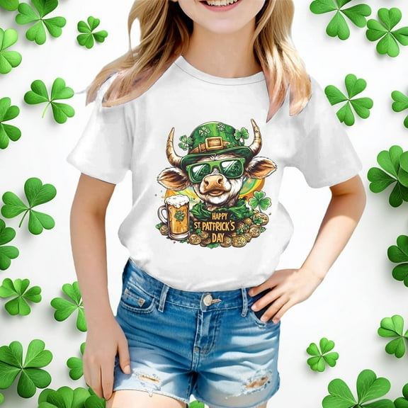 SNKSDGM Girls Tops for Teens Set Girls Shirts Size 10 White St. Patrick's Day Children's Short Sleeve Top Printed T Shirt Casual Shirt 10-11 Years