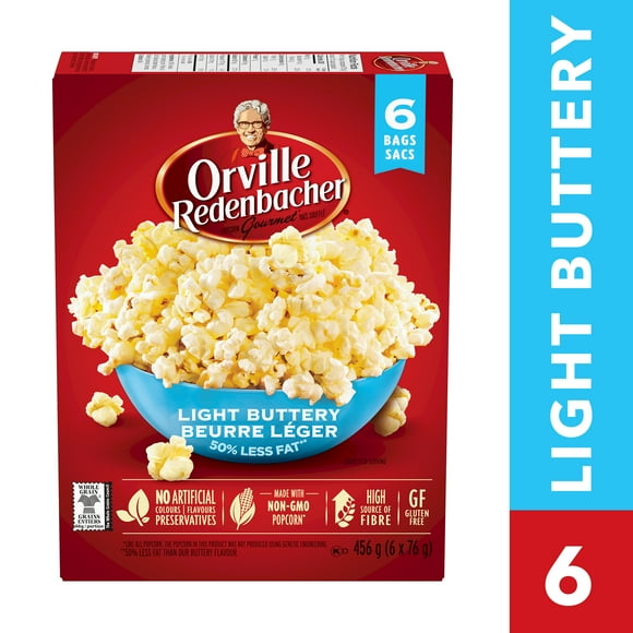 Orville Redenbacher Light Buttery Mircowave Popcorn, 6 Pack (6 x 76 g) 456 g, Non-GMO, gluten free microwave popcorn with a high source of fibre and 50% less fat*