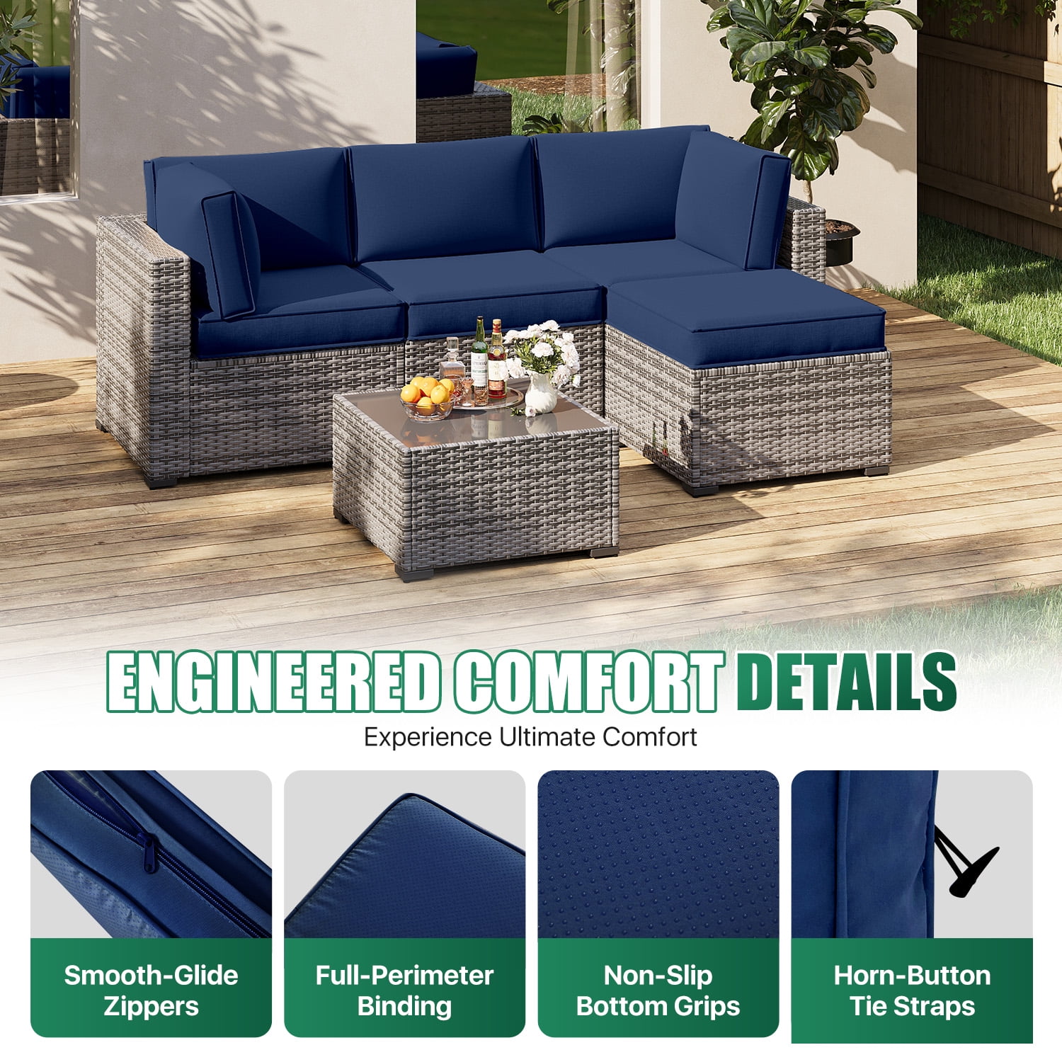 Clouddwell 9-Piece Outdoor Cushion Set for 4-Seat Wicker Sectional - Waterproof, High-Resilience Foam (Navy Blue)