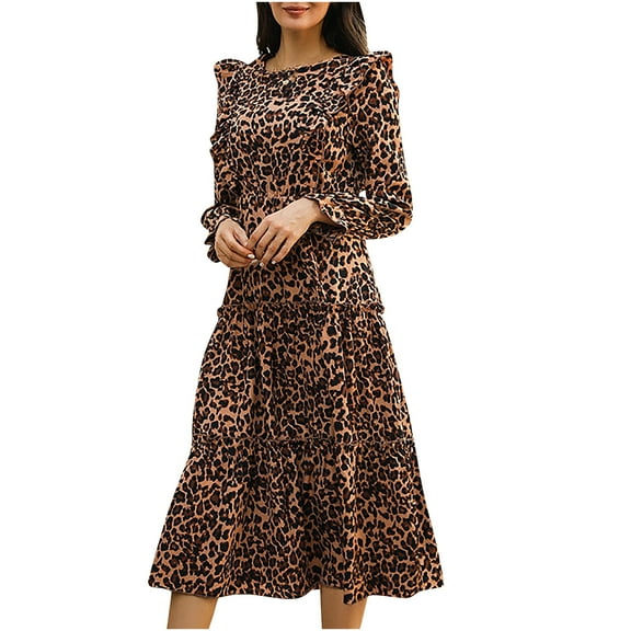 AOOCHASLIY Clarance Dresses for Women 2022Women Fashion Casual Printed Round Neck Leopard Print Ruffled Long Sleeve Dress