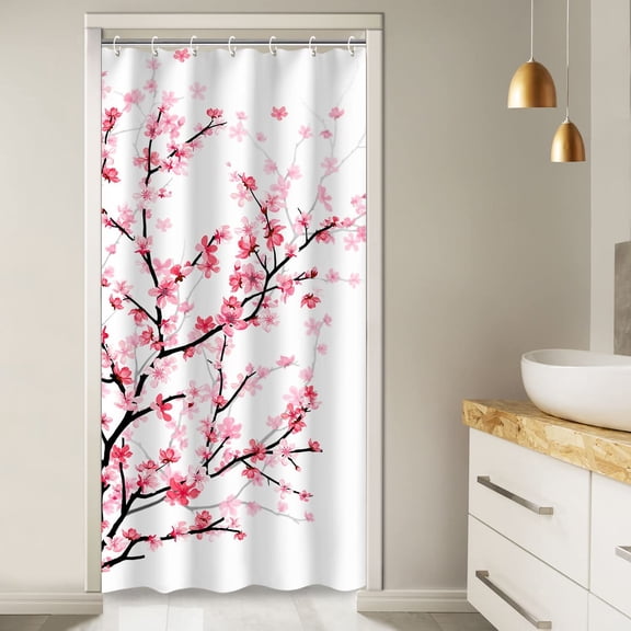 Pink Floral Shower Curtain Cherry Blossom Bathroom Curtain with Hooks, Fabric Sakura Plum Blossom Bath Curtain, Decorative Flower Shower Curtain for Bathroom Machine Washable, White 36"WX 72"H