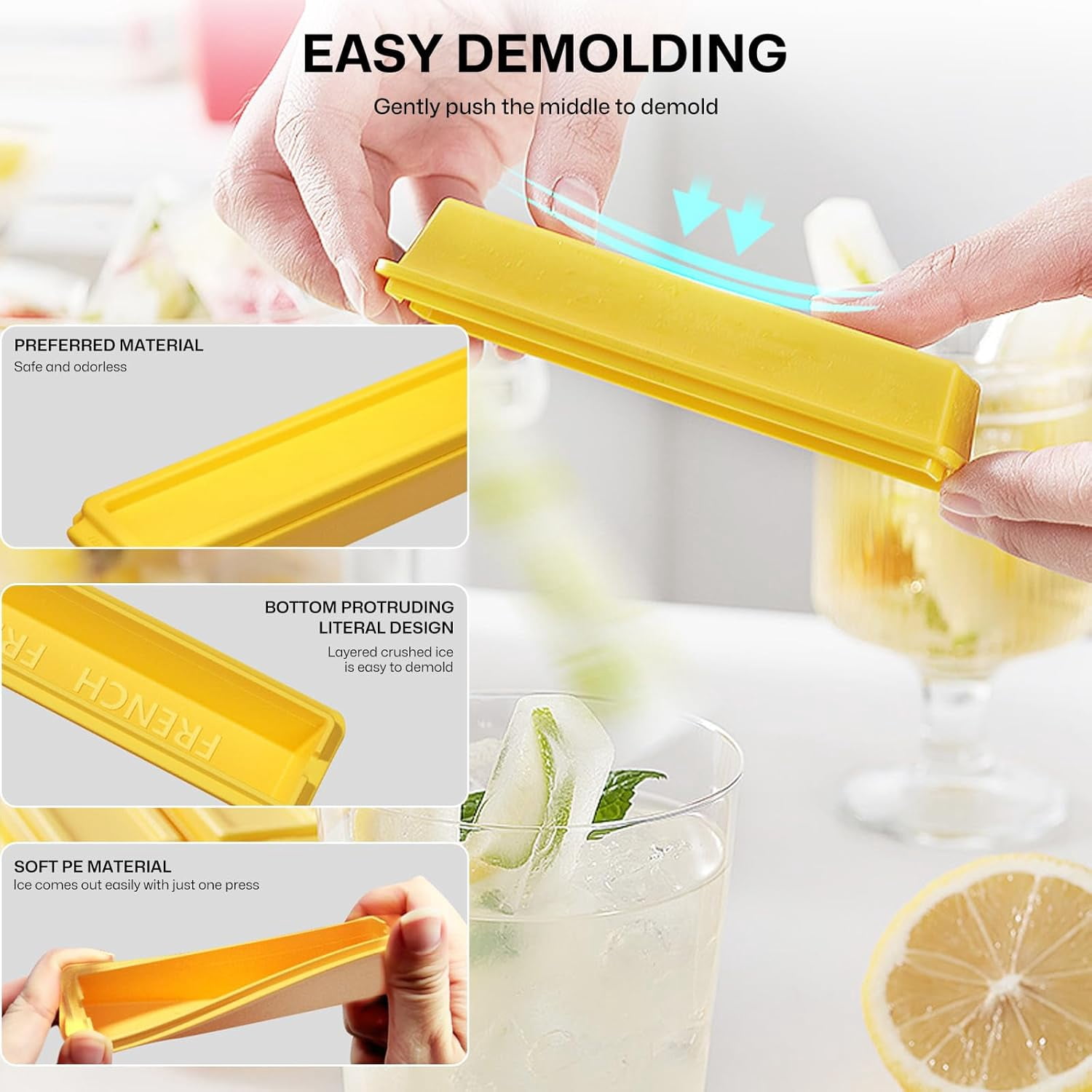 French Fries Shape Silicone Ice Cube Tray 6 Pcs Set, Funny Long Thin Strips Ice Molds for Summer Whiskey Juice Coffee Narrow Mouth Glass Cups Cool Block Mold