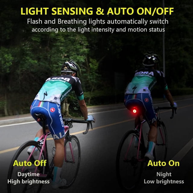 Luz trasera de bicicleta inteligente: Encendido/apagado automático Linterna trasera para bicicleta Luz de freno trasera ultrabrillante Luz estroboscópica diurna de alto lumen Luz trasera LED