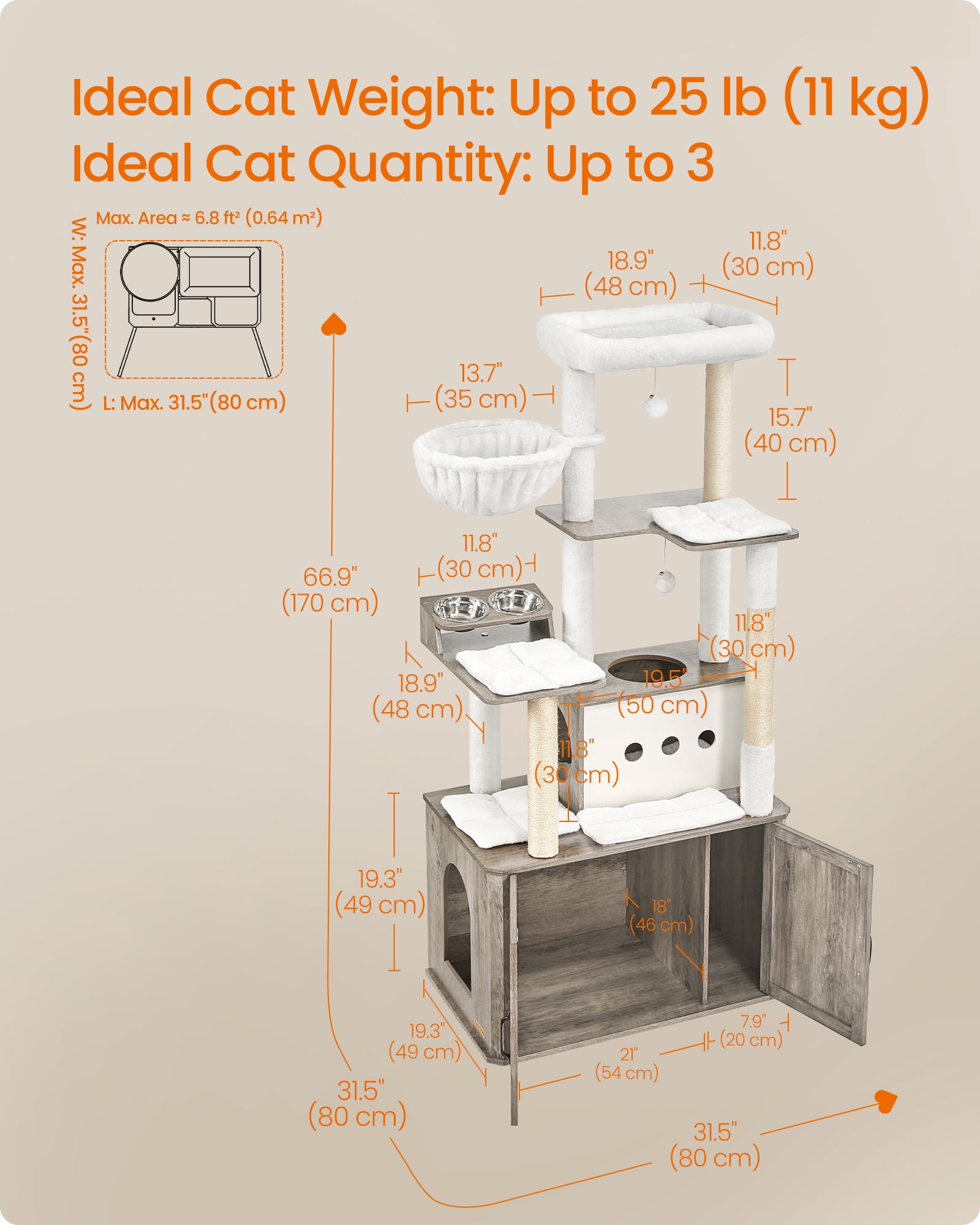 Cat Tree, 66.9-Inch Cat Tower with Litter Box Enclosure, Large Cat Condo with Scratching Posts, Food Station, Hammock, Washable Cushions, Heather Greige