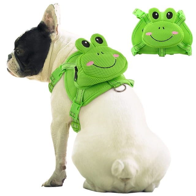 Mochila para perro, chaleco con arnés para mascotas sin tirones, con mochila con bolsa para sillín, bonita forma de rana, chaleco ajustable con bolsa de malla para cachorros con anilla en D