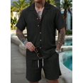 thumbnail image 6 of Men'S Camp Collar Jacquard Button Up Shirt and Drawstring Shorts Two Piece Outfit Black XL, 6 of 9