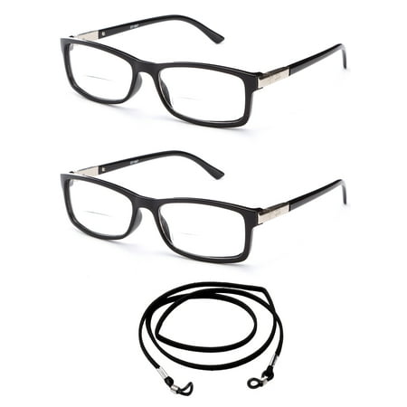 2 Pack Slim Fit Round Spring Temple Bifocal Reading Glasses Black Frame