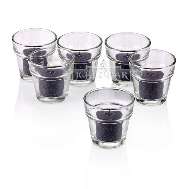 Clear Glass Flower Pot Votive Candle Holders with Black Votive Candles