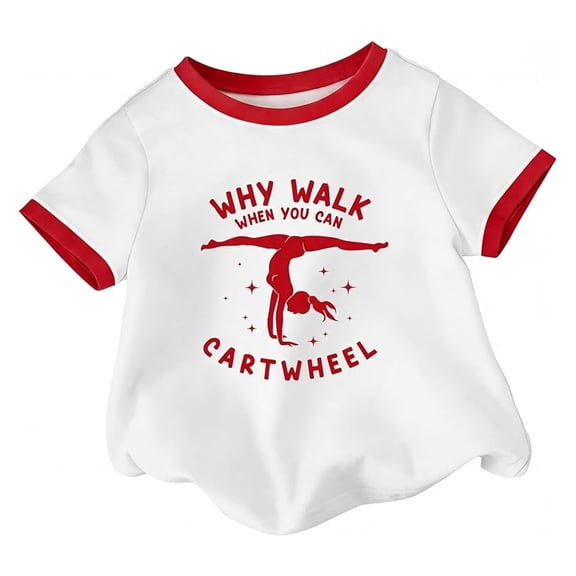 YUEHUA Kids' Gymnastics Cartwheel Ringer T-Shirt, Girls' Short Sleeve Tee, Why Walk When You Can Cartwheel Print Top for Gymnastics