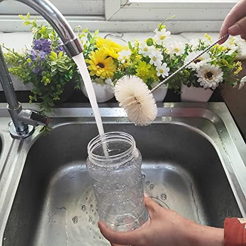 Stainless Steel Soda Bottle Cleaning Brush in Natural Boar Bristle Wool Tip, Long Handle, Flexible Bendable Thick Wire Cleaner for Narrow Neck Water Baby Bottles Straw Pipe Tube Flask (Round)