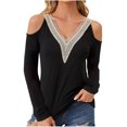 thumbnail image 3 of Scyoekwg Long Sleeve Shirts for Women V-Neck Crochet Lace Trim Cold Shoulder Tops Solid Color Women Blouses Trendy Dressy Casual Blouses Lightweight Pullover (Black,XXL), 3 of 6