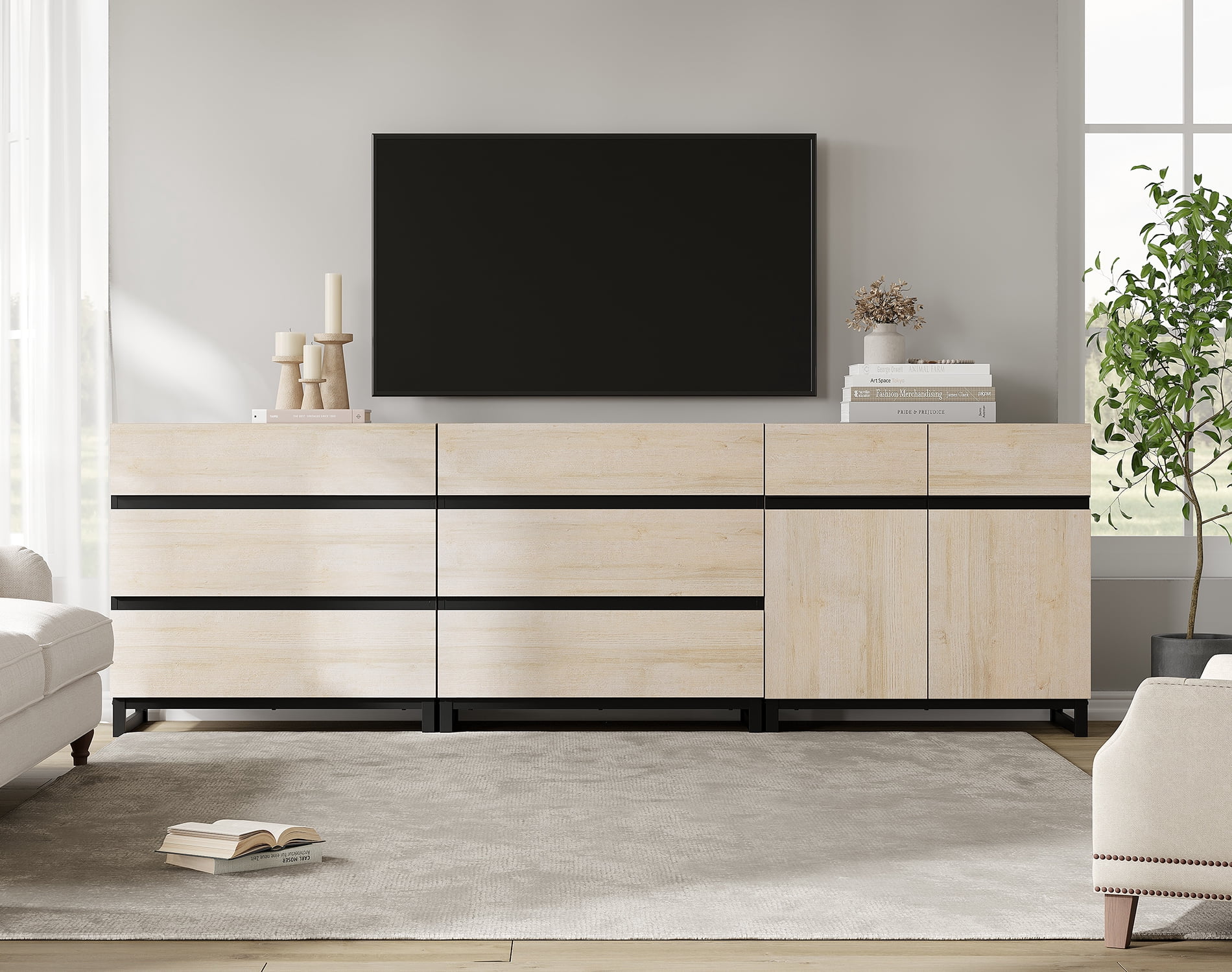 Modern TV Stand For Tvs Up To 100 Inch, 3-In-1 TV Console With Adjustable Shelves And 6 Drawers, Media Console For Living Room And Bedroom,Beige