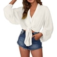 thumbnail image 5 of Pxiakgy Women's Deep V Neck Long Sleeve Tie Front Knot Chiffon Wrap Crop Top Blouse Swimwear Cover Ups Tops Self Tie Swimsuit Bikini Bathing Suit Long Sleeve Soft Beach Shirt for Women White S, 5 of 9