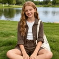 thumbnail image 5 of Girls' Timeless 4-15Y Summer Set, Long Sleeve Pocket Shirt & Shorts, Comfortable Casual Kids Wear Brown 11-12 Years, 5 of 9