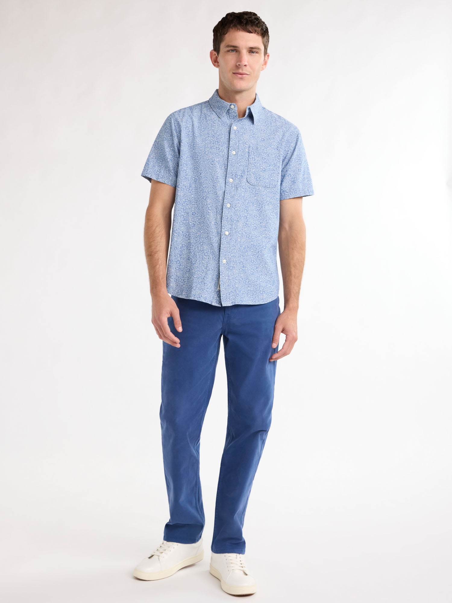 Free Assembly Men’s Print Cotton Chambray Shirt with Short Sleeves, Sizes S-3XL