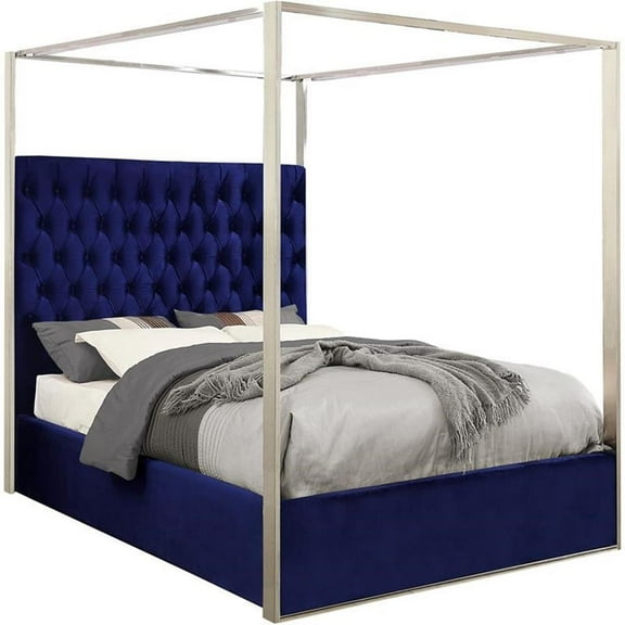 Pemberly Row Contemporary Fabric Tufted Velvet Queen Bed in Navy