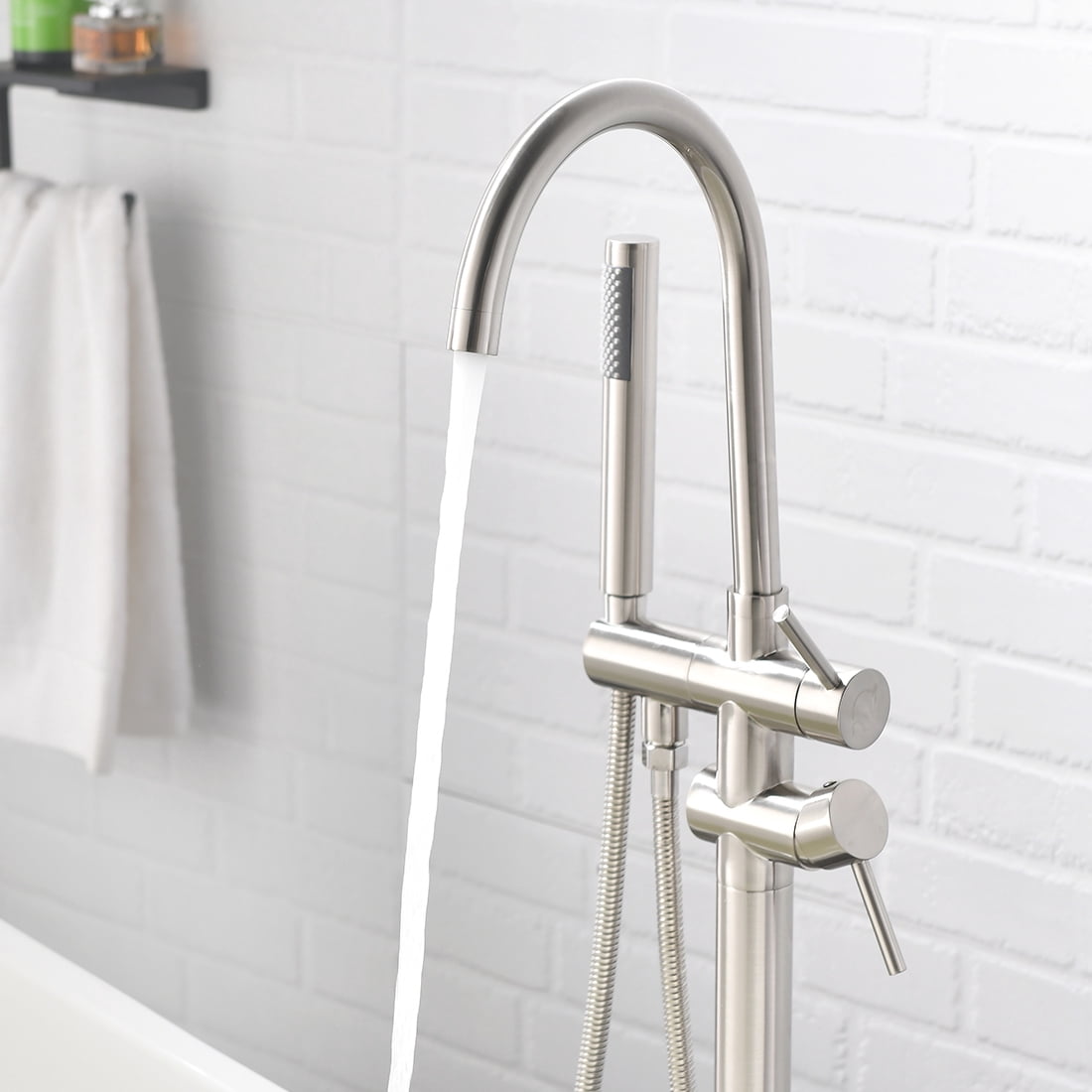 Single Handle Freestanding Tub Filler Floor Mount Bathtub Faucet With Handheld Shower (Brushed Nickel)