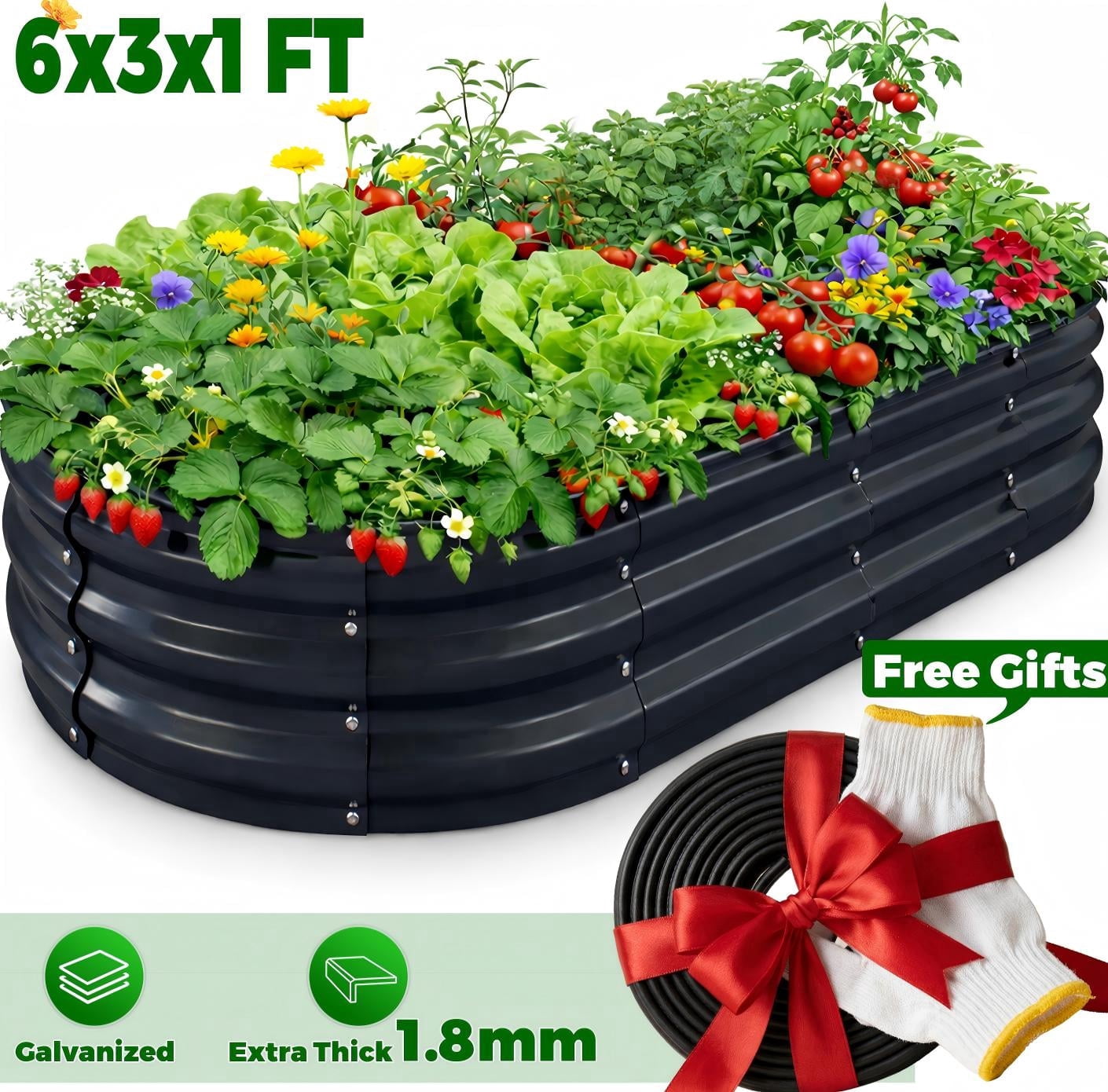 Raised Garden Bed, Younik 6x3x1 ft Galvanized Garden Planter Boxes Outdoor with Safety Edging and Gloves for Planted Vegetables, Fruits, Flower, Gray