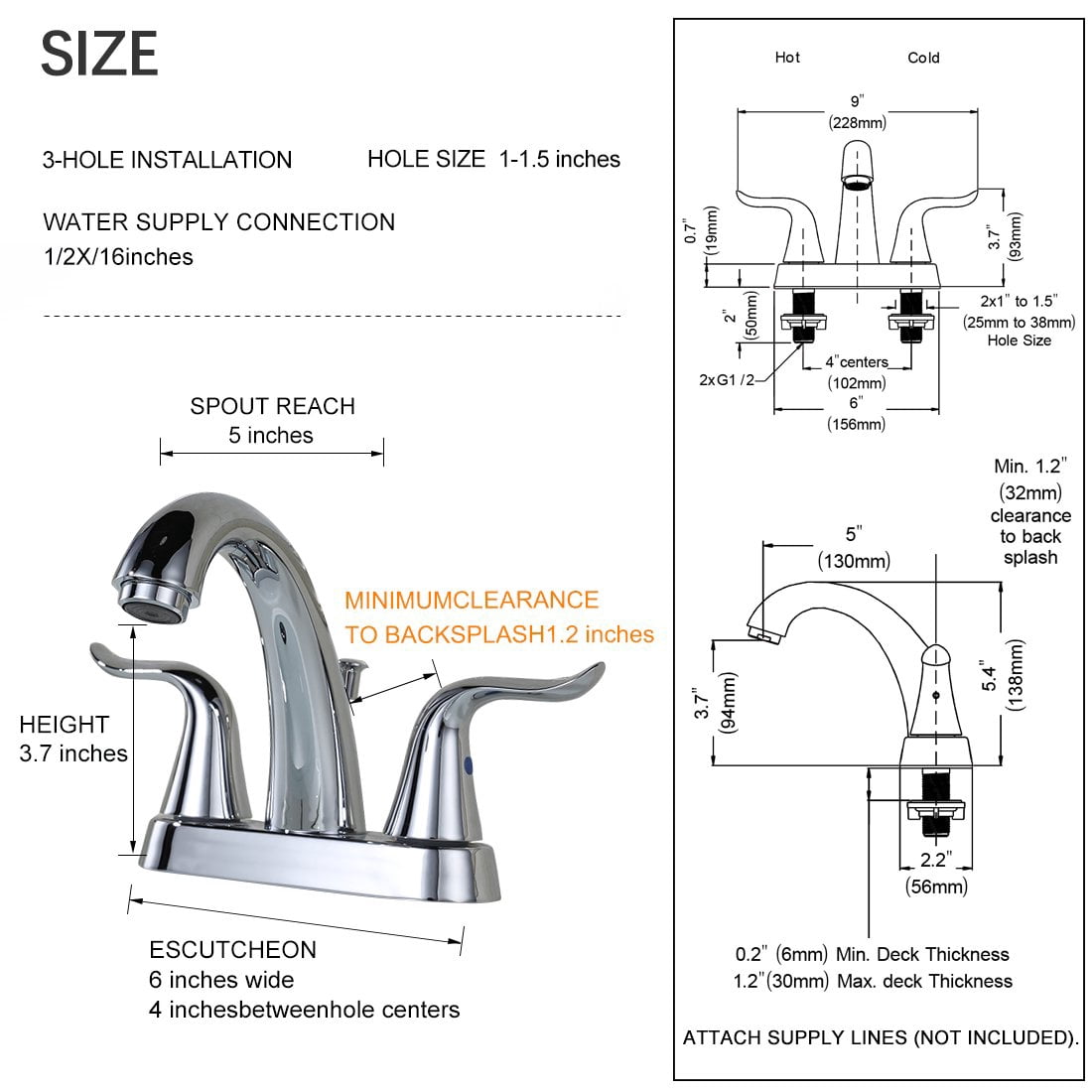 WOWOW 4 inch Bathroom Faucet 2 Handle Faucet for Bathroom Sink 3 hole Stainless Steel Faucet with Drain, Chrome