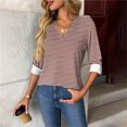 thumbnail image 2 of Women's Striped T-Shirts Trendy V-Neck Shirt Long Sleeve Button Tees Casual Fashion Shirts Classic Fit Pullover Tops (2XL, Brown), 2 of 6