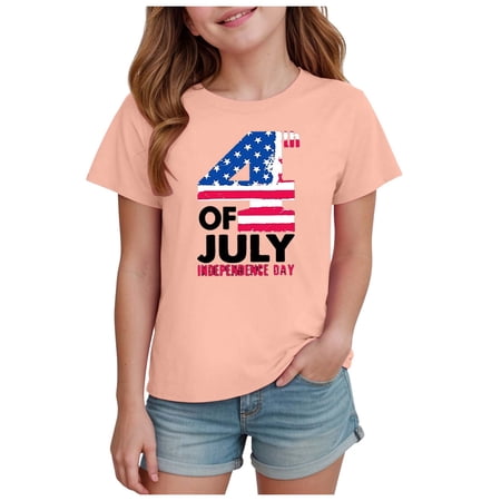 Povozer 4th of July Toddler Girl Kids Shirt for Girls 4th of July Outfits American Flag Boys Clothes Tee Independence Day Patriotic Tops for 11-12 Years Light Pink
