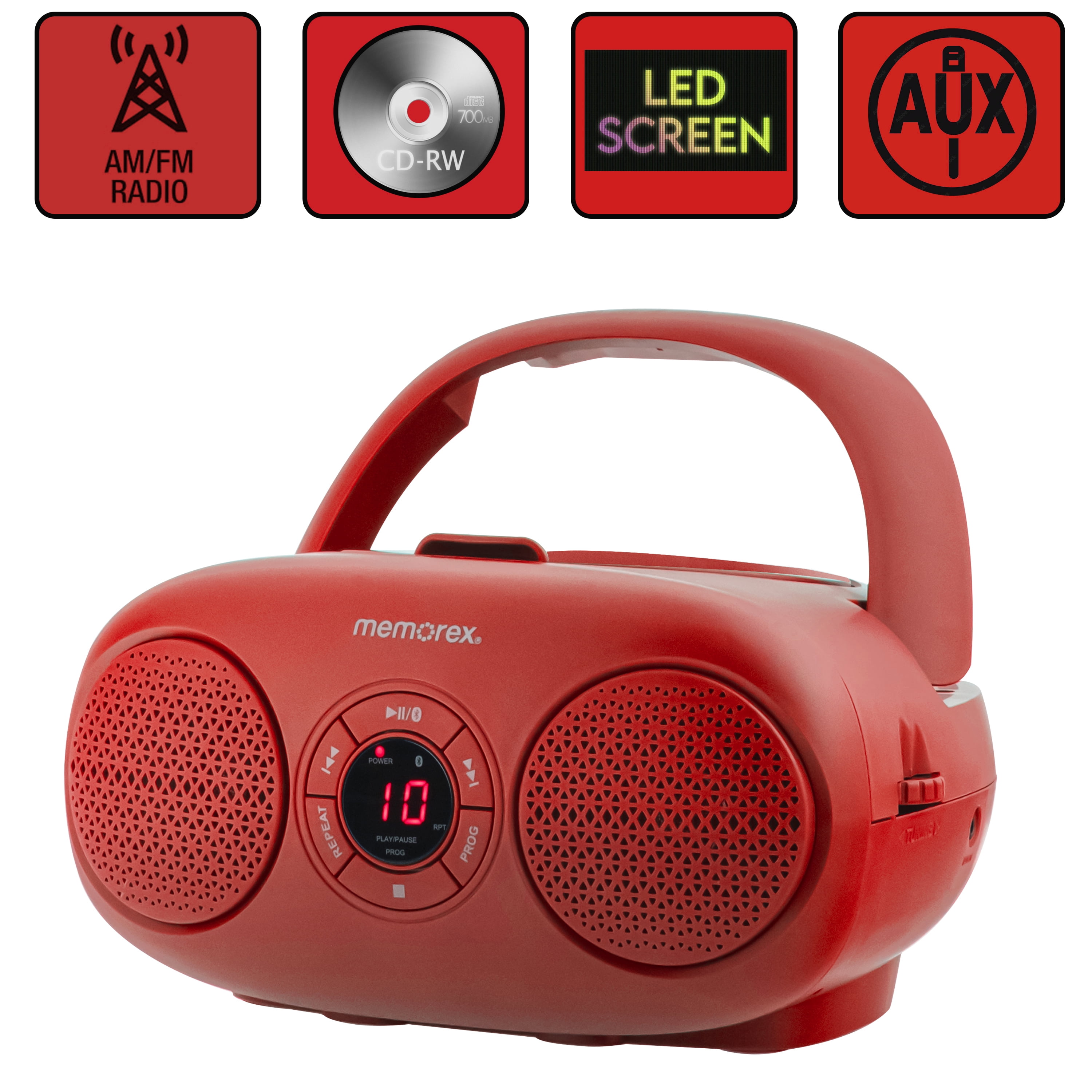 Memorex MX-BCD20(R) Portable CD Player | AM/FM Stereo Radio with Telescopic Antennas | CD-R/RW Compatible | Programmable Memory | LED Display | AUX Input | AC & Battery Powered (Red)