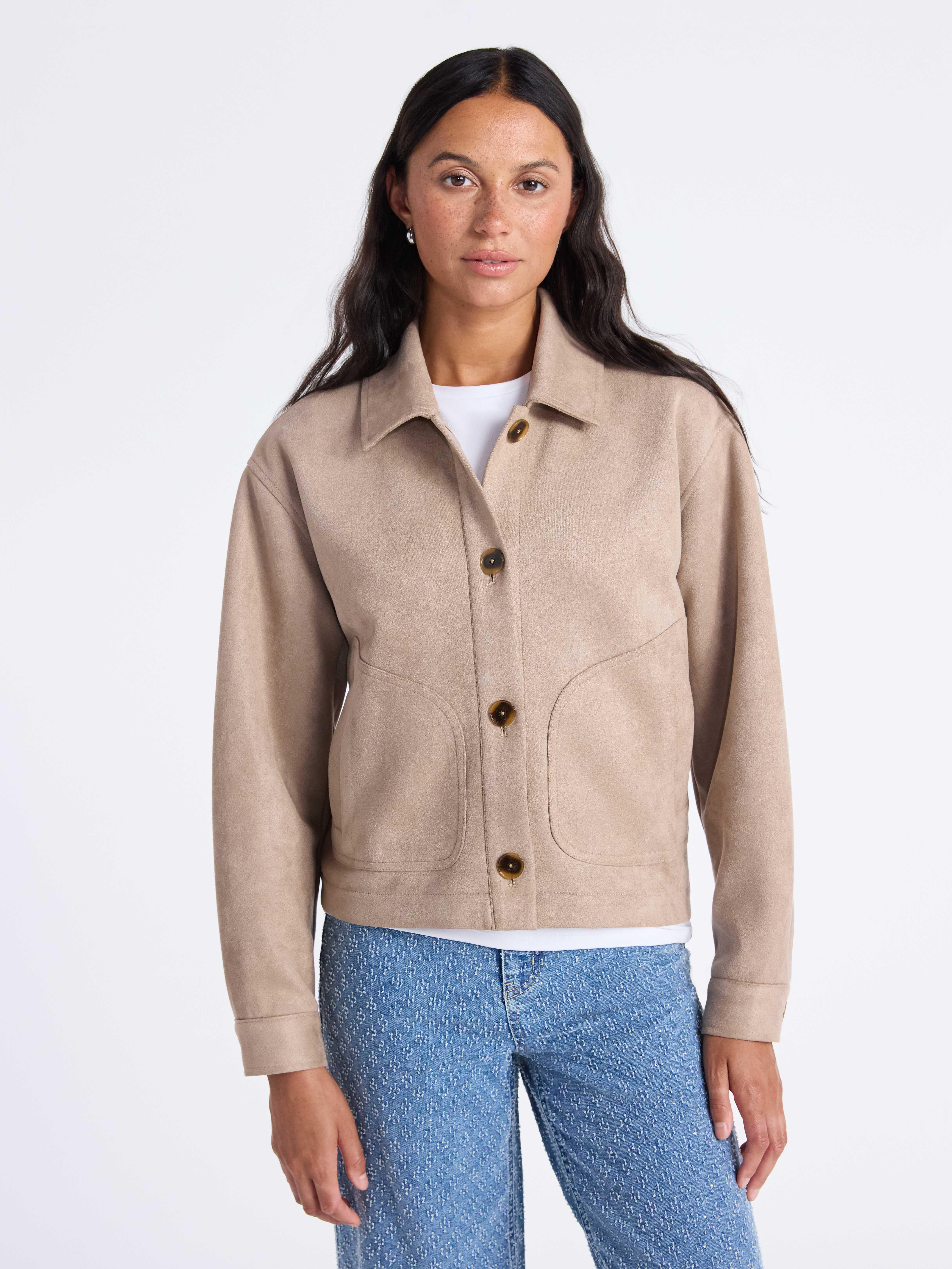 Time and Tru Women's Faux Suede Button Front Jacket, Sizes XS-XXXL