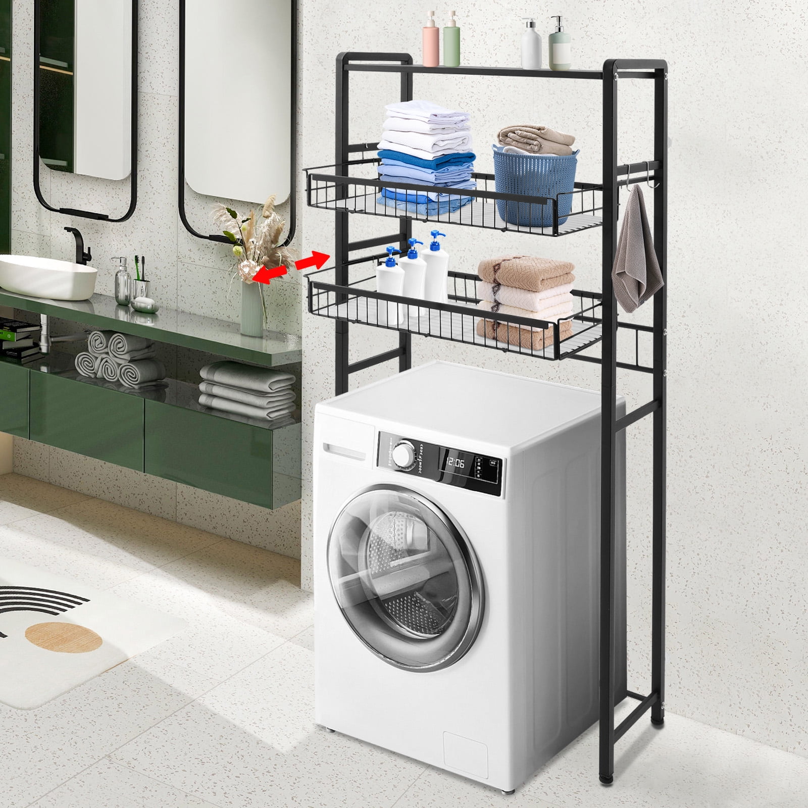 Black Washer Dryer Stacking Rack Stand, Dryer Storage Shelf with 3 Tiered Shelf, Space Saver Shelving Units Freestanding Closet Organizer Storage with Hooks