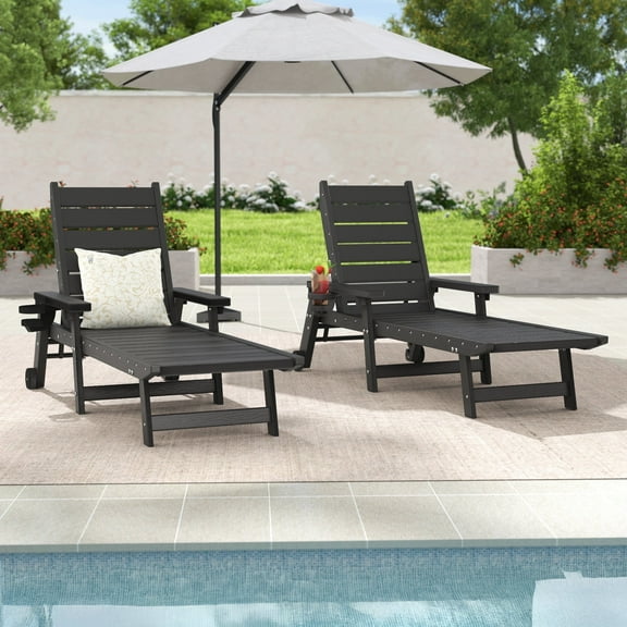 HAPPATIO Aluminum Patio Chaise Lounge Set 2 Pieces, Aluminum Patio Lounge Chair with Side Table, Pool Lounge Chair with Cushion for Patio Deck Poolside (Black)