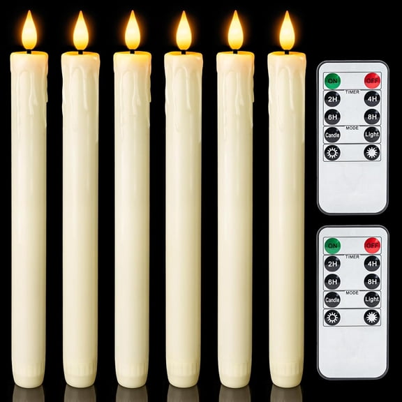 Rl Wax LED Flameless Taper Candles with Remote Timer, 9.6 Inches Ivory Fake Candlesticks, Dripless Battery Operated Window Candle 3D Flickering Flame for Fireplace Xmas Halloween