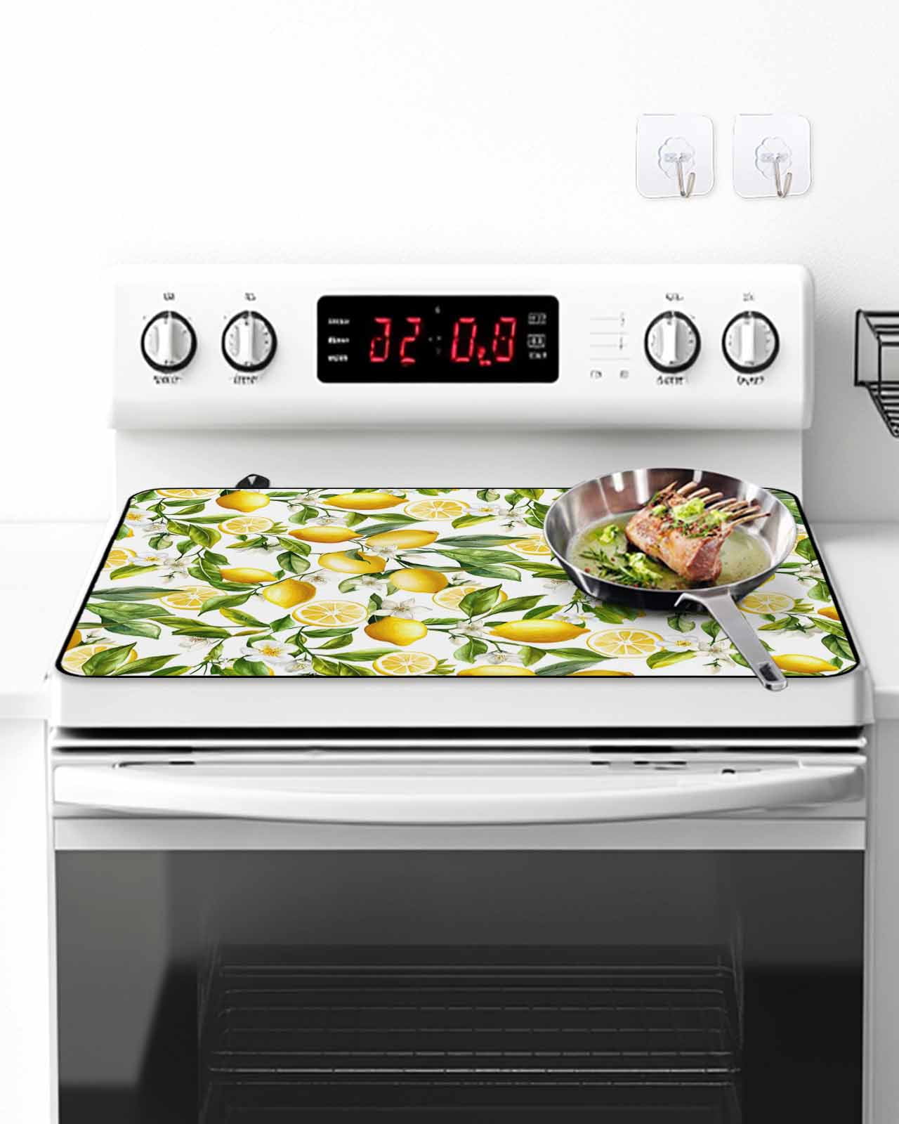 Stove Top Covers for Electric Stove, Lemon Yellow Glass Stovetop Cover Protector, Country Watercolor Floral Leaf Green White Induction Cooktop Protector Oven Mat for Kitchen Countertop 24"x21"