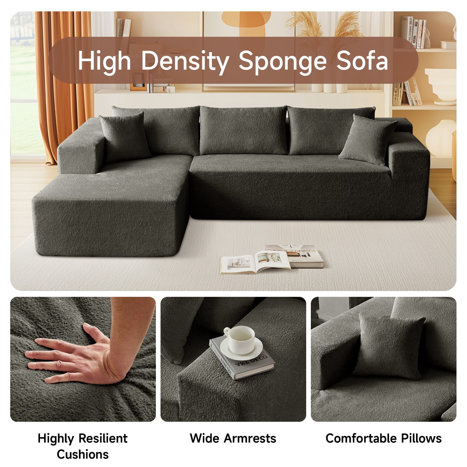 Vinform 103.54 Inch Velvet Sectional Sofa, Modern L-Shaped Modular Sofa with High-Density Foam (Includes Chaise Lounge and Throw Pillows) Upholstered Cloud Sofa for Living Rooms(Dark Gray/Right Side)