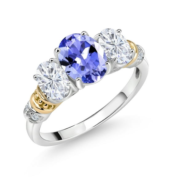 Gem Stone King 925 Sterling Silver and 10K Yellow Gold Oval Blue Tanzanite White Moissanite and White Diamond 3 Stone Ring for Women (2.19 Cttw, Gemstone December Birthstone, Size 8)
