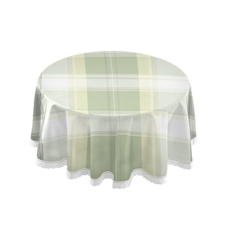 

60 Round Tablecloth with White Lace Trim Wrinkle & Heat-Resistant Table Cover for Dining and Home Decor Light Gray and Green Plaid