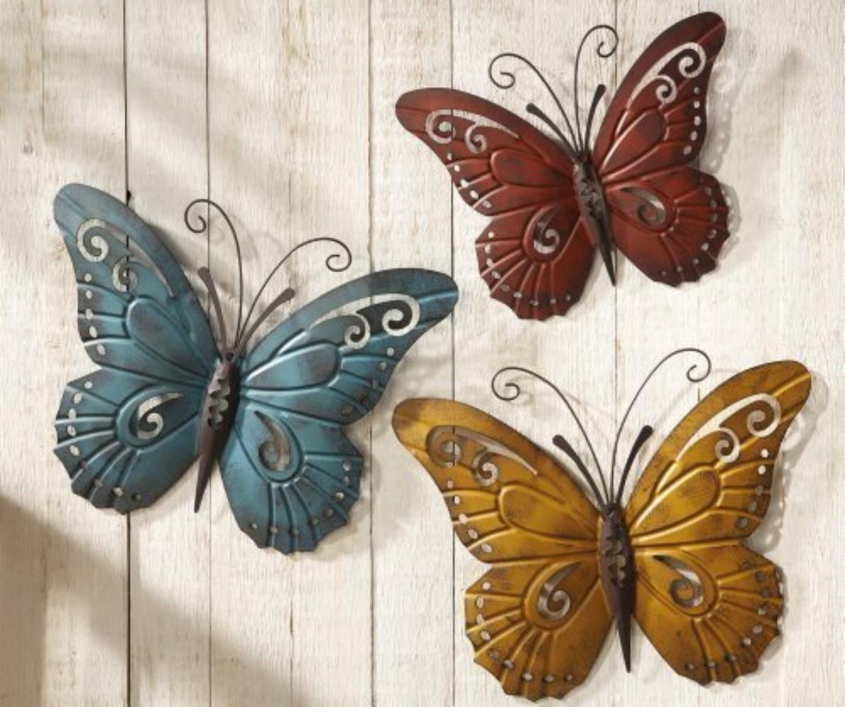 Set of 3 Butterfly Metal Wall Art Trio Indoor/Outdoor Country Distressed Decor 