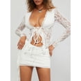 thumbnail image 5 of Elippeo Women Summer Skirts Outfits Lace Low-Cut Tie-Up Front Long Sleeve Ruffles Crop Tops Mini Skirt 2 Pieces Clothes Set, 5 of 9