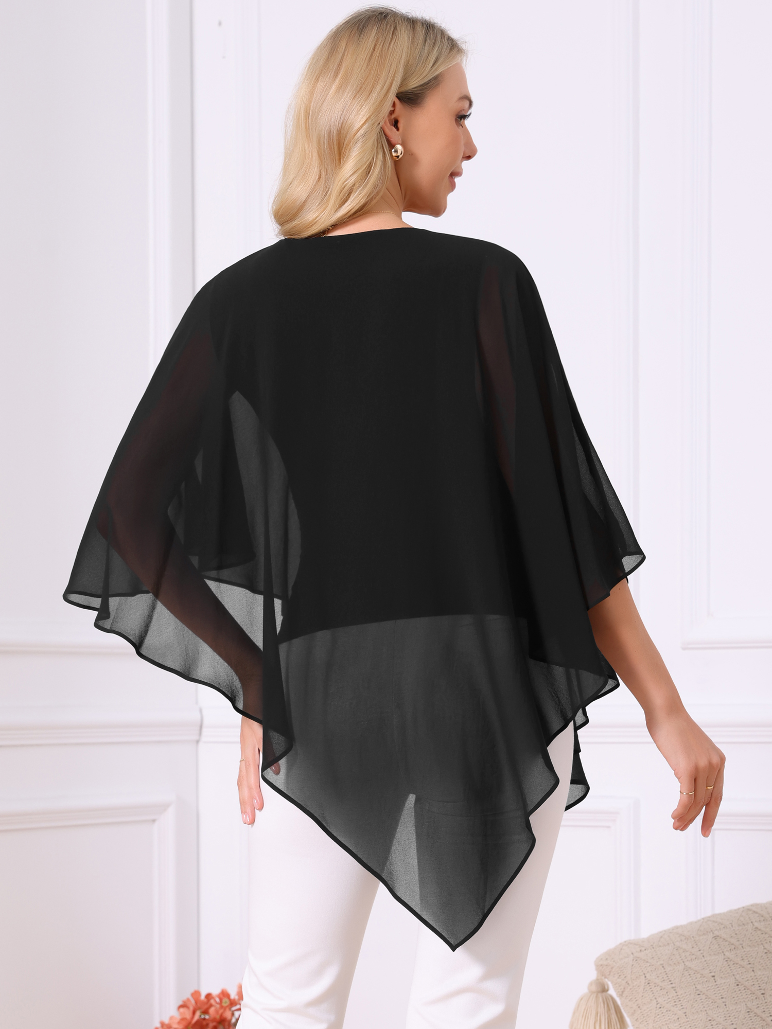 DARING DIVA Women's Flowy V Neck Chiffon Blouse Asymmetrical Top M Black