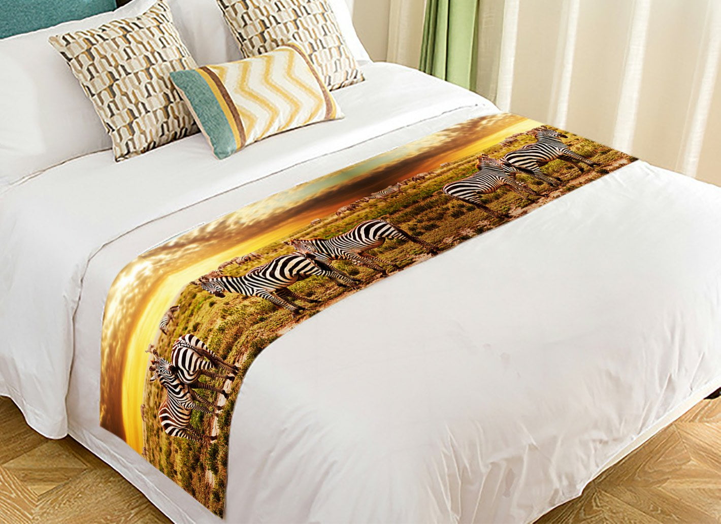 GCKG Beautiful Sky Cloud Bed Runner, Safari Zebras Herd on Savanna at Sunset, Africa Bed Runners Scarves Bed Decoration 20x95 inch