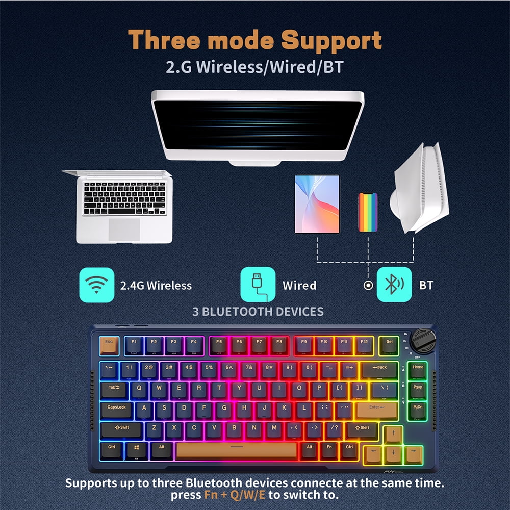 RK ROYAL KLUDGE H81 Hot Swappable Mechanical Keyboard Triple Mode 2.4G Bluetooth USB-C Knob Control Wireless Gaming Keyboard Gasket Mounted with RGB Backlit SkyCyan Switch 75% Layout 81 Keys Black