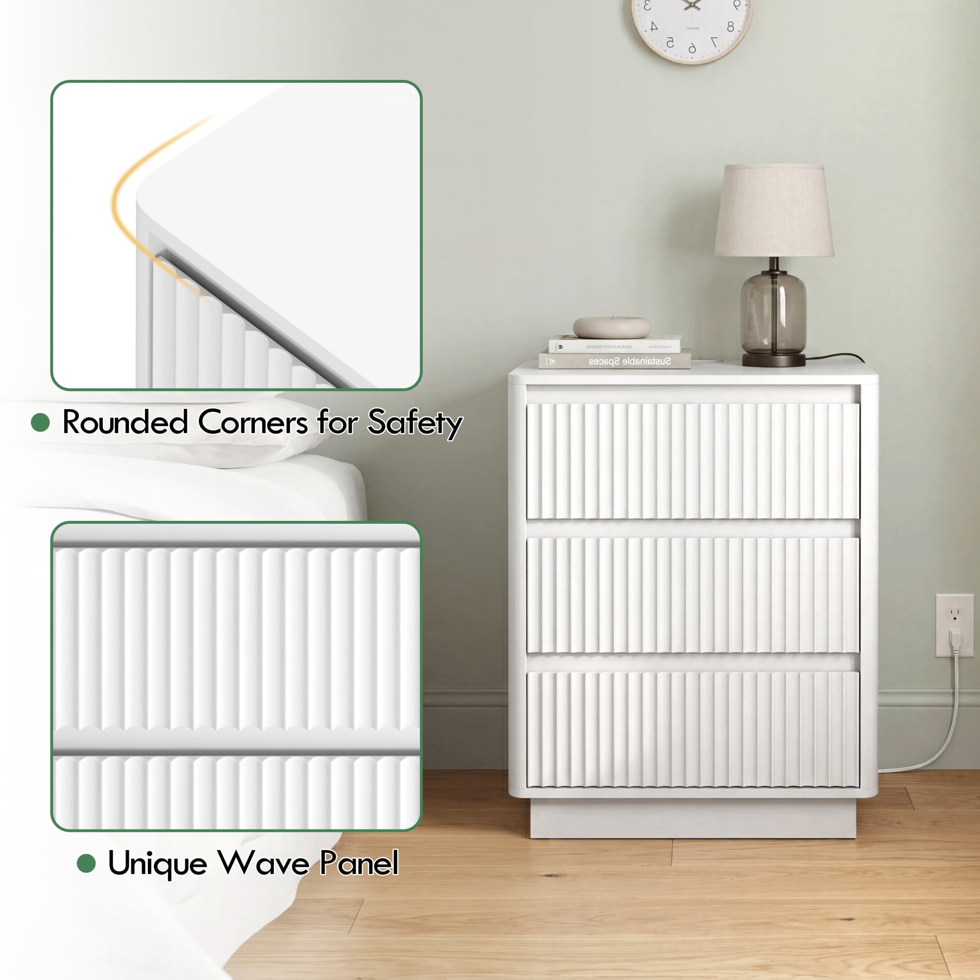 Leumius 3-Drawer Small Nightstand Set of 2 with Charging Station,Modern Sofa Side Table End Table Wood Storage Cabinet for Living Room,Bedroom,Office,White